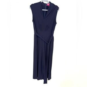 Catherine Maladrino Navy V Neck Tie Waist Cropped Jumpsuit Dress Size Large